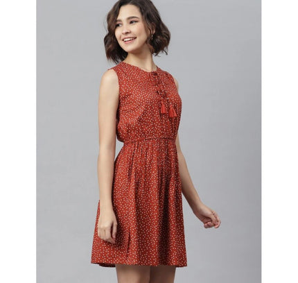 Women's Rayon Polka Sleeveless Above Knee Dress (Rust)
