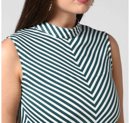 Women's Polyester Striped Sleeveless Above Knee Dress (Green)