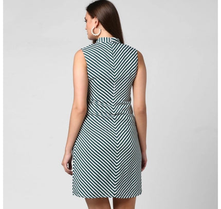 Women's Polyester Striped Sleeveless Above Knee Dress (Green)