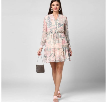 Women's Polyester Printed Long Sleeves Above Knee Dress (Light Pink - Off White)