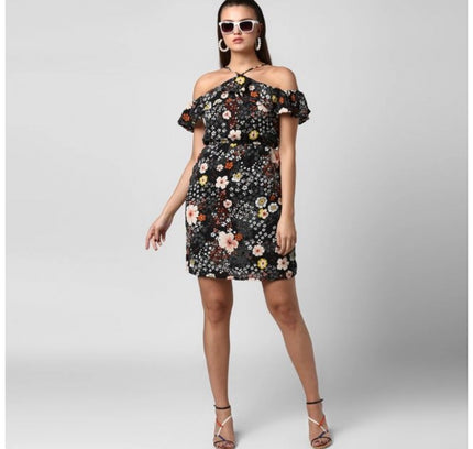 Women's Polyester Floral Cold Shoulder Above Knee Dress (Black)
