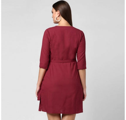 Women's Cotton Solid 3-4th Sleeves Above Knee Dress (Maroon)