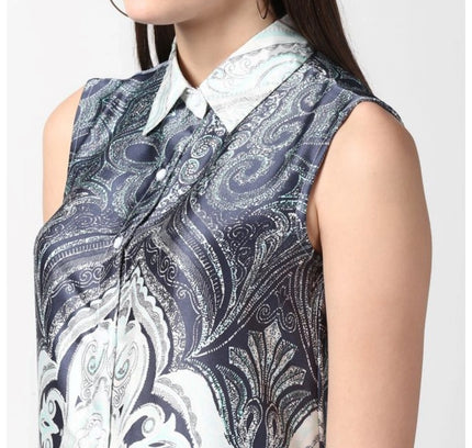 Women's Polyester Printed Sleeveless Above Knee Dress (Blue)