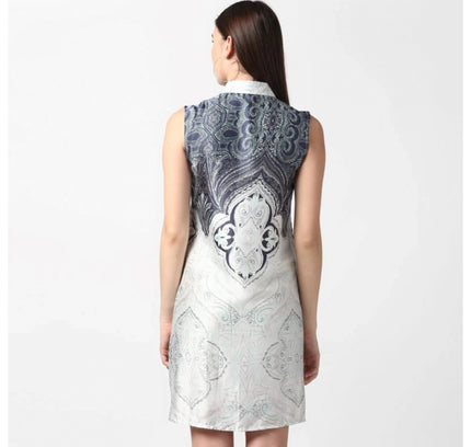 Women's Polyester Printed Sleeveless Above Knee Dress (Blue)