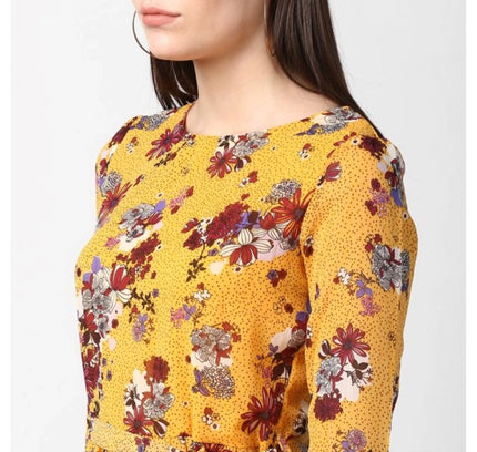 Women's Polyester Floral Long Sleeves Calf-length Dress (Yellow)