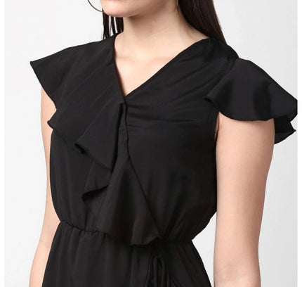 Women's Polyester Ruffled Cap Sleeve Knee-Length Dress (Black)