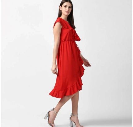 Women's Polyester Ruffled Cap Sleeve Knee-Length Dress (Red)