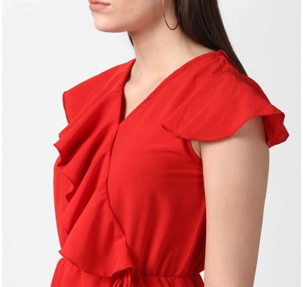 Women's Polyester Ruffled Cap Sleeve Knee-Length Dress (Red)