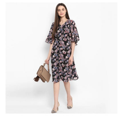 Women's Polyester Floral Short Sleeve Knee-Length Dress (Black - Multicolor)