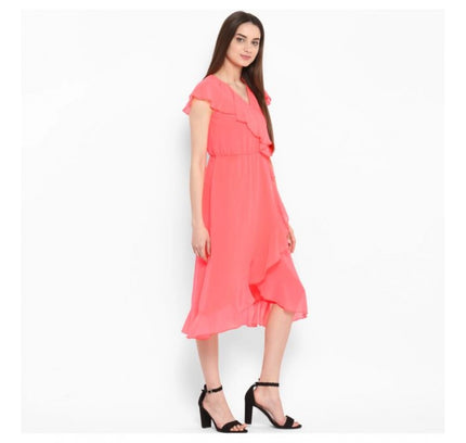 Women's Polyester Ruffled Cap Sleeve Below Knee Dress (Coral Pink)