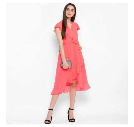 Women's Polyester Ruffled Cap Sleeve Below Knee Dress (Coral Pink)