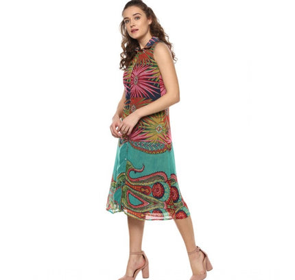 Women's Polyester Floral Sleeveless Below Knee Dress (Multicolor)