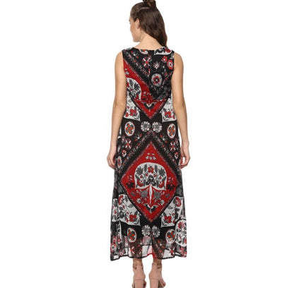 Women's Polyester Printed Sleeveless Dress (Red - Black)