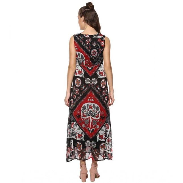 Women's Polyester Printed Sleeveless Dress (Red - Black)