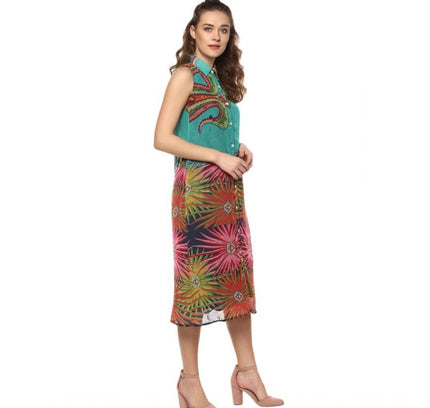 Women's Polyester Floral Sleeveless Below Knee Dress (Multicolor)