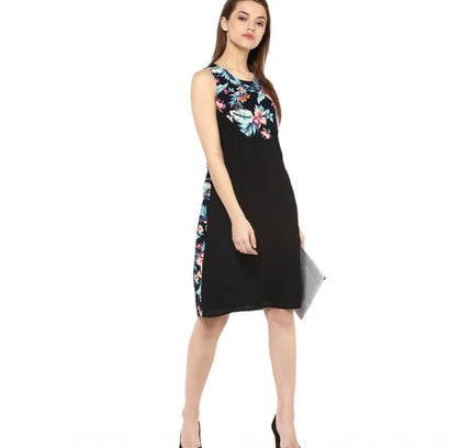 Women's Polyester Printed Sleeveless Above Knee Dress (Black - Multicolor)