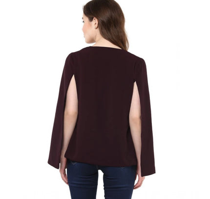 Women's Polyester Solid Cape Sleeve Blazer (Wine)