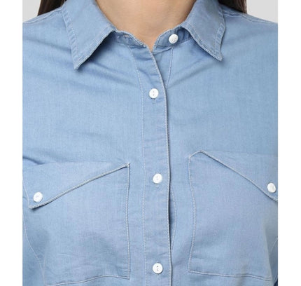 Women's Denim Solid Long Sleeves Above Knee Dress (Blue)