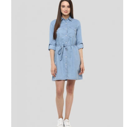 Women's Denim Solid Long Sleeves Above Knee Dress (Blue)