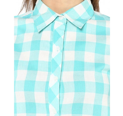 Women's Rayon Checkered Short Sleeve Above Knee Dress (SkuBlue - White)
