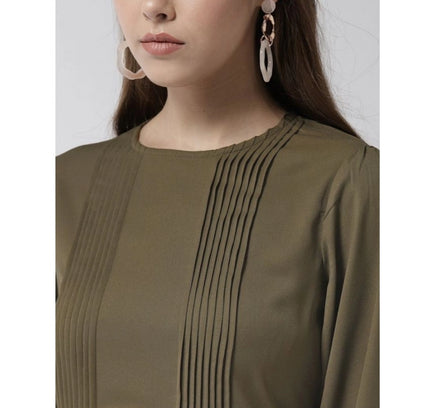 Women's Polyester Pintuck Long Sleeves Below Knee Dress (Olive)