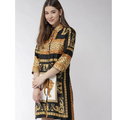 Women's Satin Animal Print 3-4th Sleeves Above Knee Dress (White - Orange)