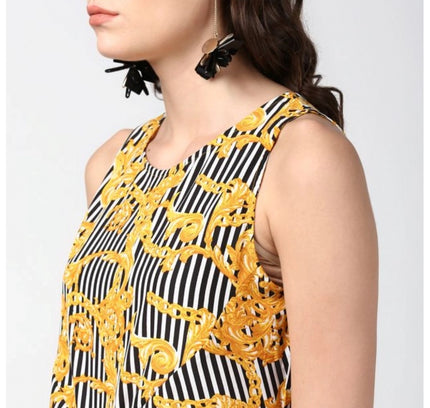 Women's Polyester Chain Print Sleeveless Below Knee Dress (Yellow - Black)