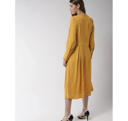 Women's Polyester Pintuck Long Sleeves Below Knee Dress (Yellow)