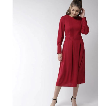 Women's Polyester Pintuck Long Sleeves Below Knee Dress (Red)