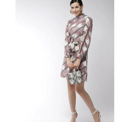 Women's Polyester Checkered Long Sleeves Above Knee Dress (Off White - Lavender)