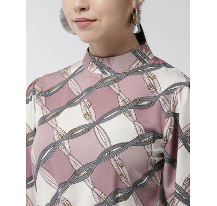 Women's Polyester Checkered Long Sleeves Above Knee Dress (Off White - Lavender)