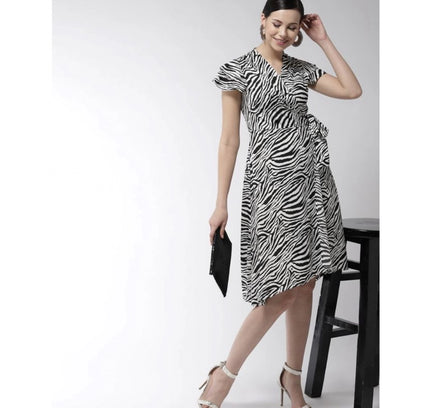 Women's Polyester Animal Print Short Sleeve Knee-Length Dress (Black - White)