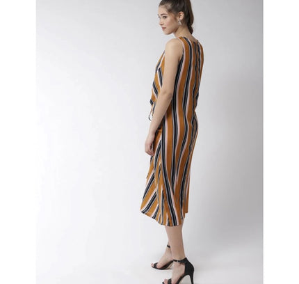 Women's Polyester Striped Sleeveless Below Knee Dress (Mustard)