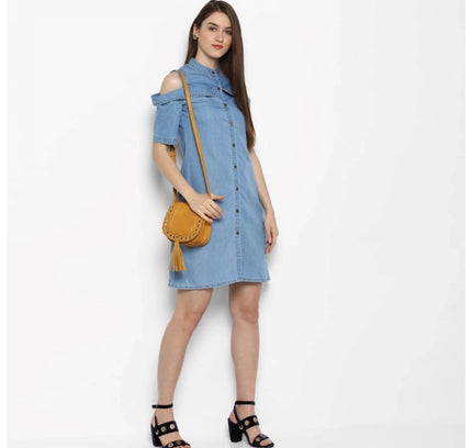 Women's Denim Solid Cold Shoulder Above Knee Dress (Blue)