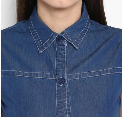 Women's Denim Solid Sleeveless Above Knee Dress (Blue)