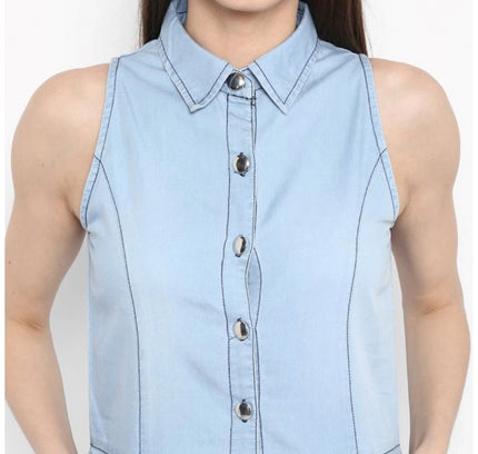 Women's Denim Solid Sleeveless Below Knee Dress (Blue)