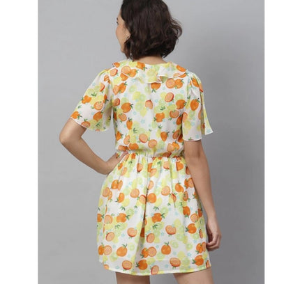 Women's Polyester Printed Flutter Above Knee Dress (Yellow - Orange)