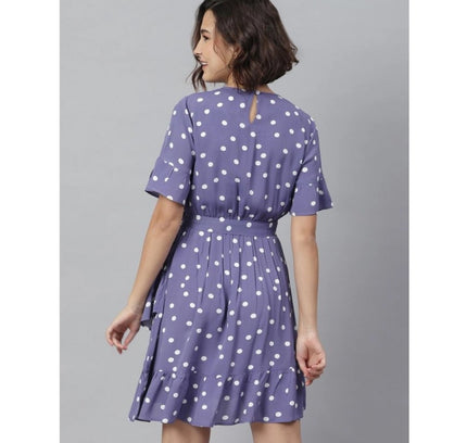 Women's Polyester Polka Bell Sleeve Above Knee Dress (Lavender)