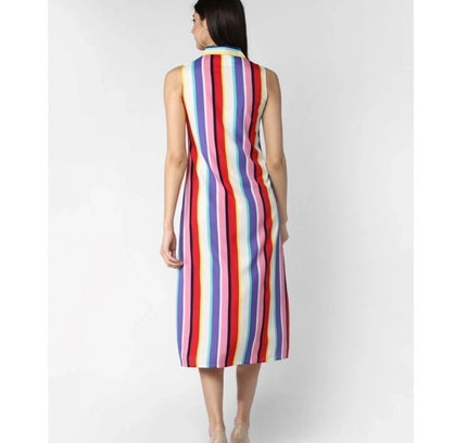 Women's Polyester Striped Sleeveless Calf-length Dress (Multicolor)