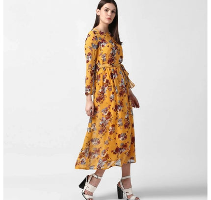 Women's Polyester Floral Long Sleeves Calf-length Dress (Yellow)