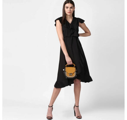 Women's Polyester Ruffled Cap Sleeve Knee-Length Dress (Black)
