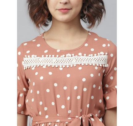 Women's Polyester Polka Bell Sleeve Above Knee Dress (Brown)