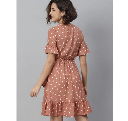 Women's Polyester Polka Bell Sleeve Above Knee Dress (Brown)