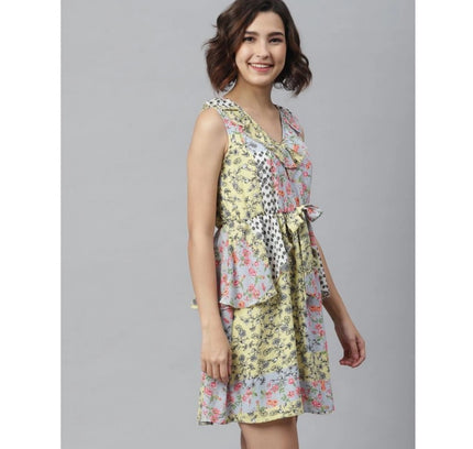 Women's Polyester Peplum Sleeveless Above Knee Dress (Multicolor)