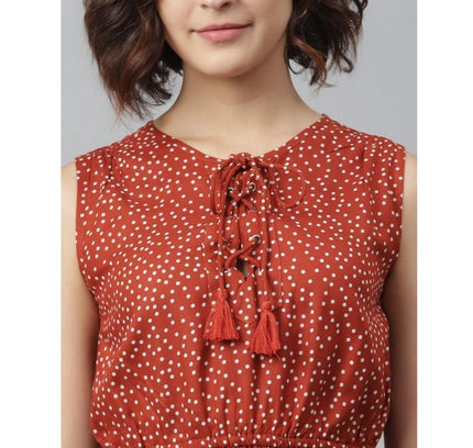 Women's Rayon Polka Sleeveless Above Knee Dress (Rust)