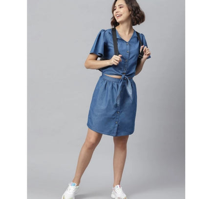 Women's Denim Solid Flutter Above Knee Dress (Blue)