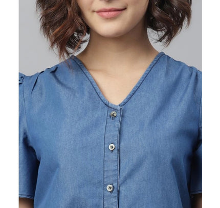 Women's Denim Solid Flutter Above Knee Dress (Blue)