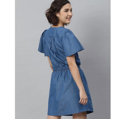 Women's Denim Solid Flutter Above Knee Dress (Blue)