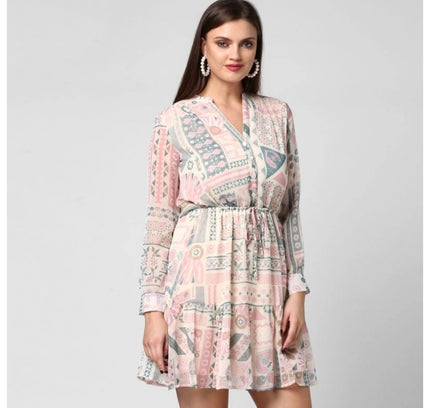 Women's Polyester Printed Long Sleeves Above Knee Dress (Light Pink - Off White)