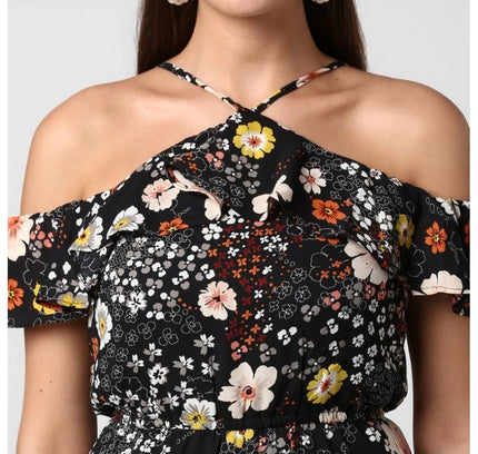 Women's Polyester Floral Cold Shoulder Above Knee Dress (Black)